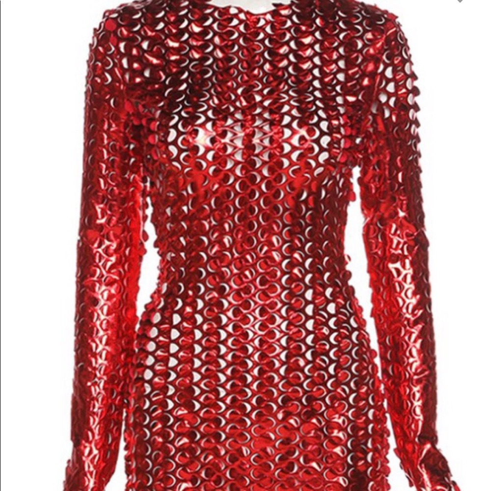 Red long sleeve round neck sexy slim bag hip dress